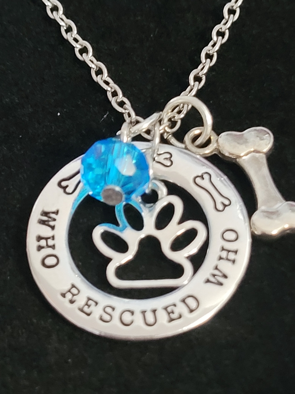 Rescued Paw Pendant Necklace with Blue‎ Crystal Charm Dog Pet Love